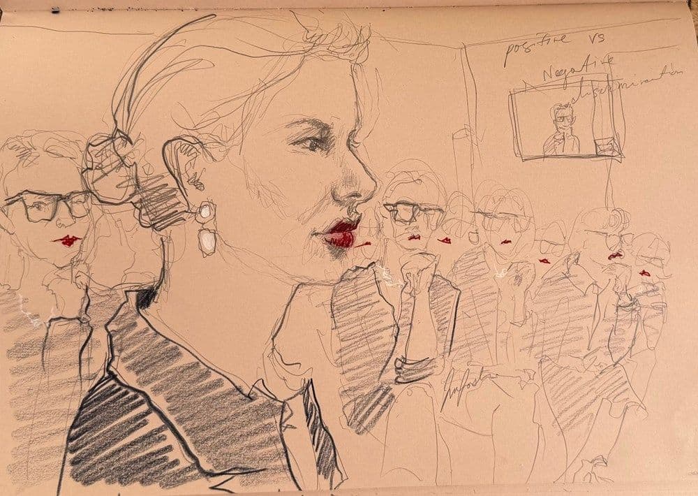 Courtroom sketch of Kirsha with red lipstick and a crowd of women posed similarly with the same coloured lipstick