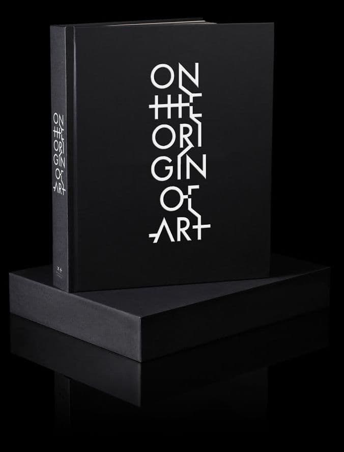 On the Origin of Art exhibition catalogue. Title in white text on a black background