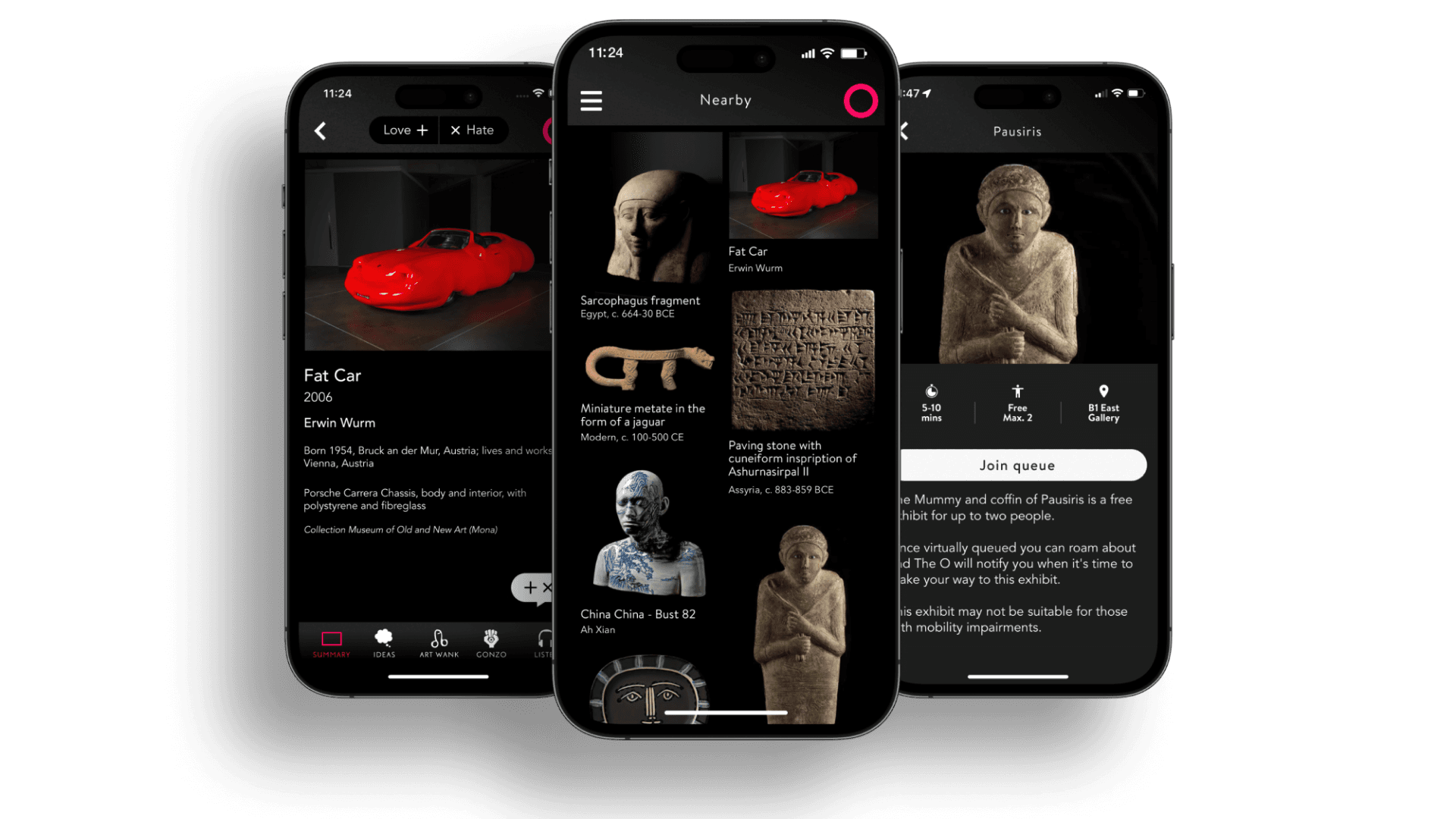 Three screens show how information and images are displayed on The O
