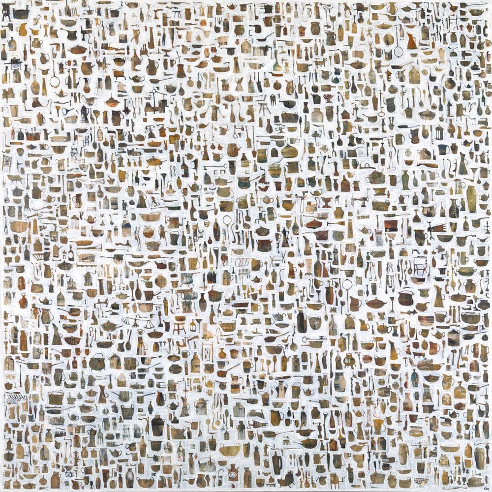 Painting of hundreds of small kitchen pots, vessels and utensils on a white background.